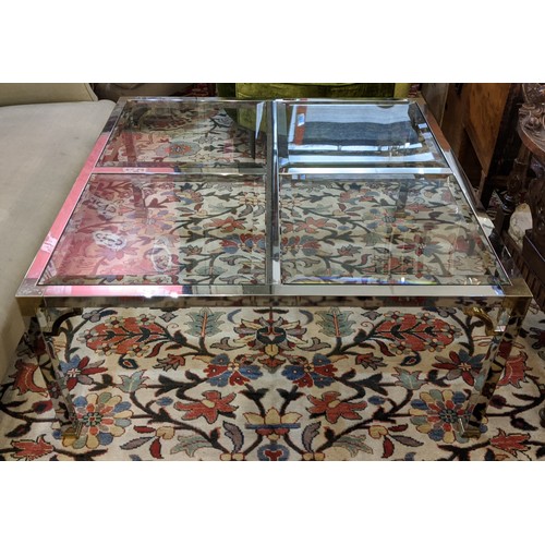 338 - LOW TABLE, four glass panels to top, chrome frame, brass corners and feet, square sectioned, 50cm H ... 