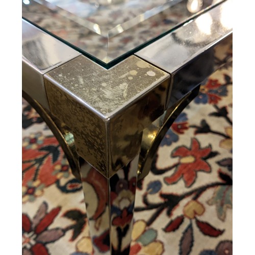 338 - LOW TABLE, four glass panels to top, chrome frame, brass corners and feet, square sectioned, 50cm H ... 