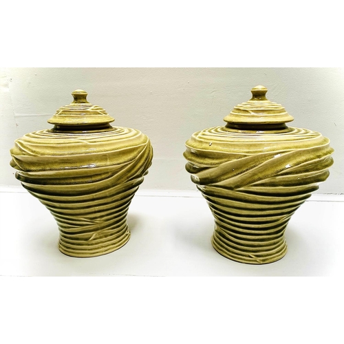 468 - LIDDED RIPPLE VASES, pair, 35cm high, 30cm diameter, glazed ceramic. (2)