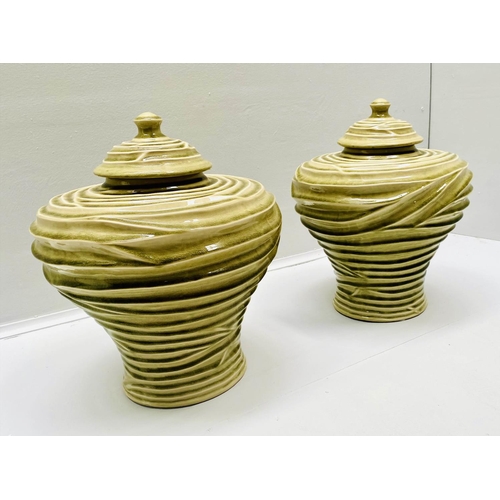 468 - LIDDED RIPPLE VASES, pair, 35cm high, 30cm diameter, glazed ceramic. (2)