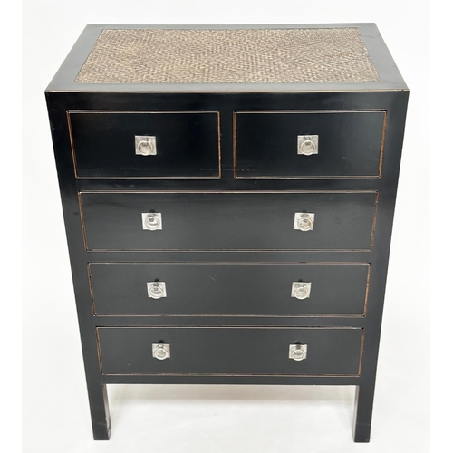 110 - CHEST, Chinese lacquered and silvered metal mounted with cane inset top and two short above three lo... 