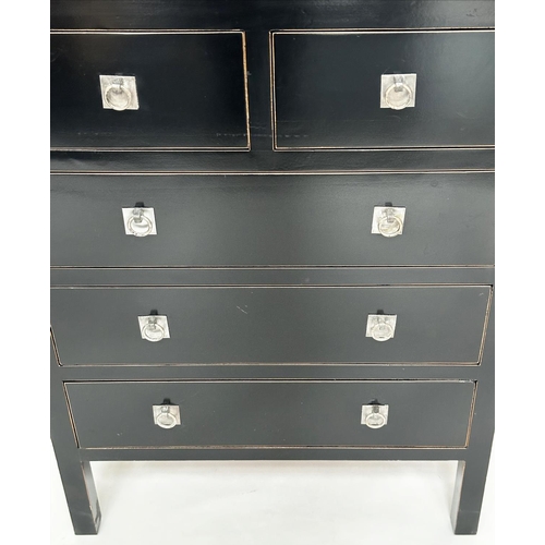 110 - CHEST, Chinese lacquered and silvered metal mounted with cane inset top and two short above three lo... 