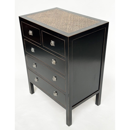 110 - CHEST, Chinese lacquered and silvered metal mounted with cane inset top and two short above three lo... 