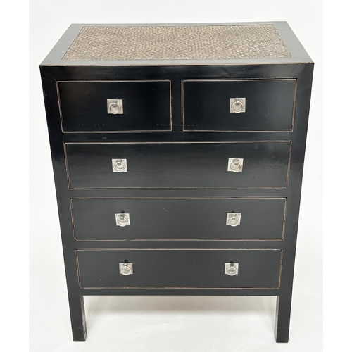 110 - CHEST, Chinese lacquered and silvered metal mounted with cane inset top and two short above three lo... 