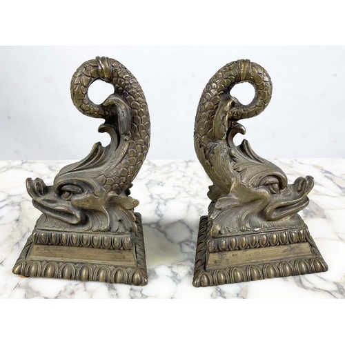 17 - BOOKENDS, four, Regency style bronze dolphins, 20cm H x 12cm W x 12cm L. (4)