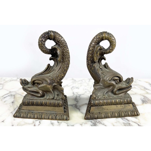 17 - BOOKENDS, four, Regency style bronze dolphins, 20cm H x 12cm W x 12cm L. (4)