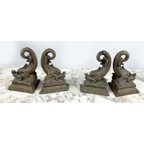 17 - BOOKENDS, four, Regency style bronze dolphins, 20cm H x 12cm W x 12cm L. (4)