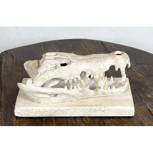 29 - CROCODILE SKULL CAST, mounted on plinth base, 14cm H x 30cm x 15cm.