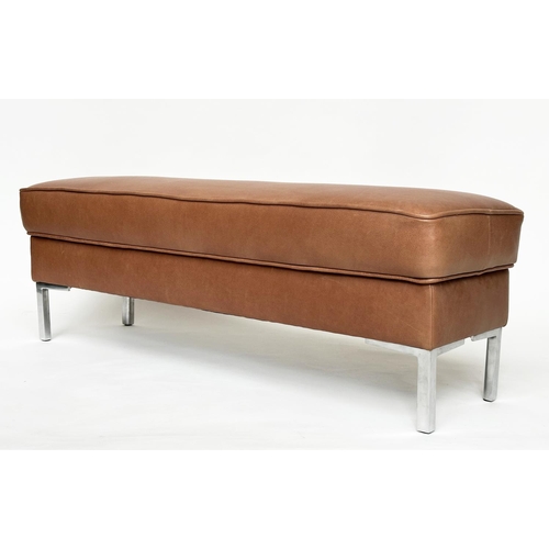 297 - FOOTSTOOLS AND MORE WINDOW SEAT, rectangular natural soft brown leather upholstered with metal suppo... 