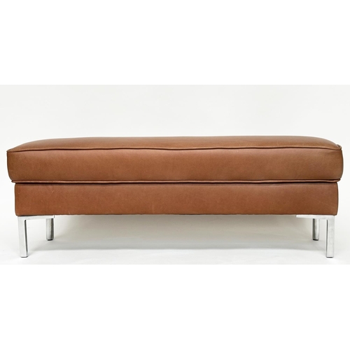 297 - FOOTSTOOLS AND MORE WINDOW SEAT, rectangular natural soft brown leather upholstered with metal suppo... 