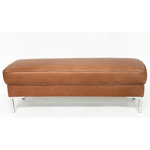 297 - FOOTSTOOLS AND MORE WINDOW SEAT, rectangular natural soft brown leather upholstered with metal suppo... 