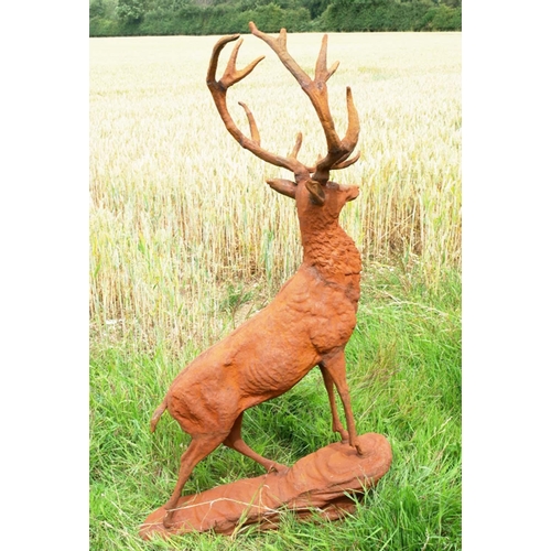 341 - SCULPTURAL STAG,160cm high, 88cm long, 55cm deep, cast metal, oxidised finish.