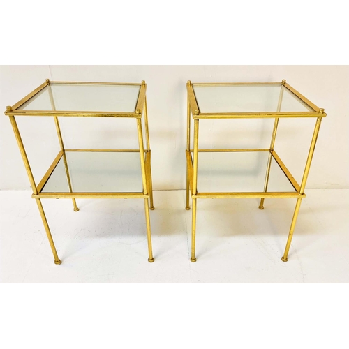 344 - MAISON BAGUES STYLE SIDE TABLES, a pair, two-tier form, glass tops and mirrored glass lower tiers, g... 