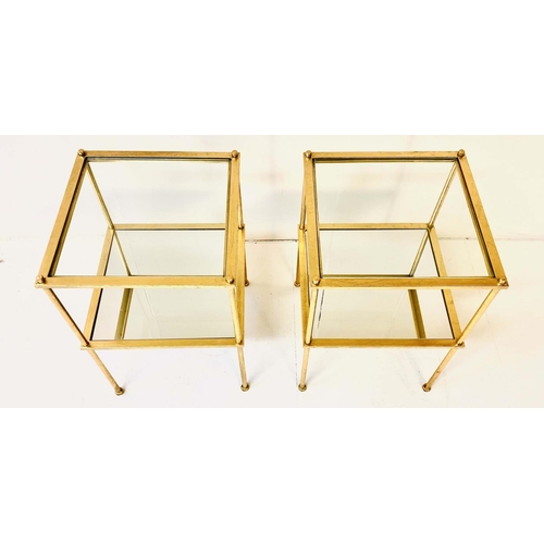 344 - MAISON BAGUES STYLE SIDE TABLES, a pair, two-tier form, glass tops and mirrored glass lower tiers, g... 