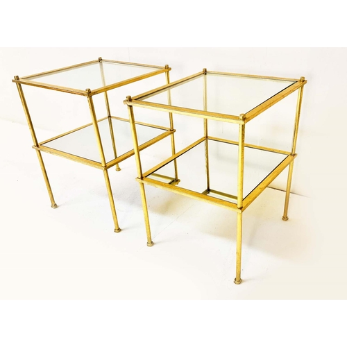 344 - MAISON BAGUES STYLE SIDE TABLES, a pair, two-tier form, glass tops and mirrored glass lower tiers, g... 