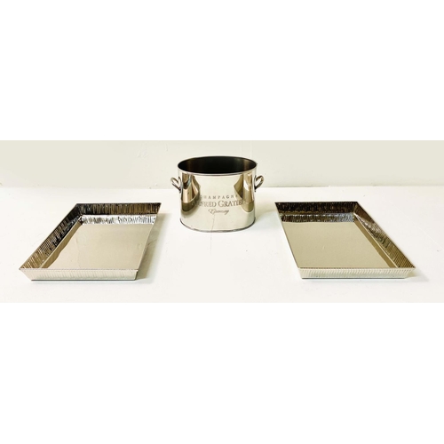 347 - CHAMPAGNE COOLER, 18cm high,  and two gallery edged trays, 34cm x 28cm, all polished metal. (3)