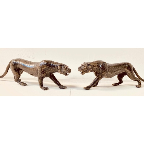 349 - BRONZE LEOPARD FIGURES, a pair, 14cm x 50cm x 10cm (2)