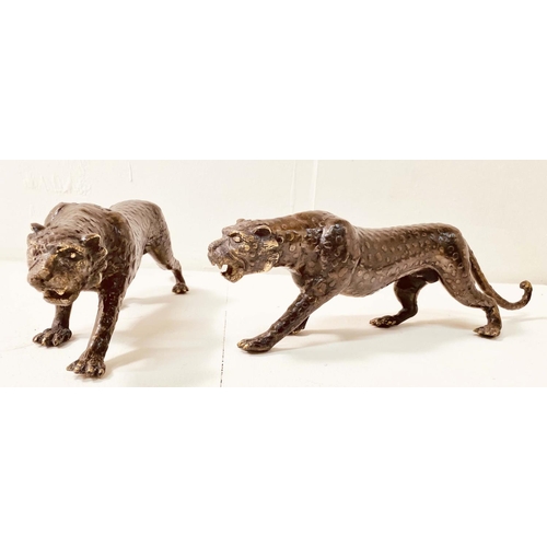 349 - BRONZE LEOPARD FIGURES, a pair, 14cm x 50cm x 10cm (2)