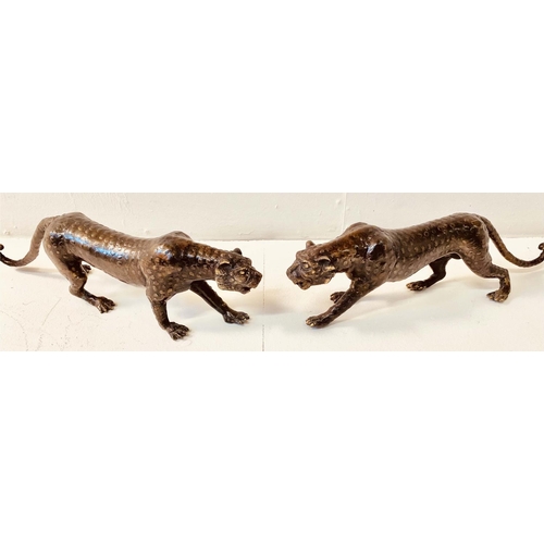 349 - BRONZE LEOPARD FIGURES, a pair, 14cm x 50cm x 10cm (2)