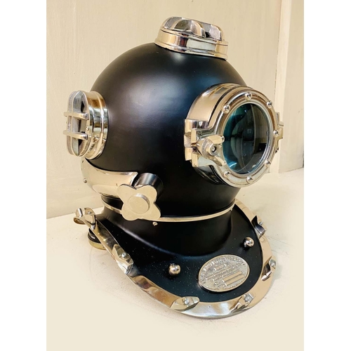 351 - DECORATIVE REPRODUCTION DIVING HELMET, black finish, 46cm x 46cm x 45cm.