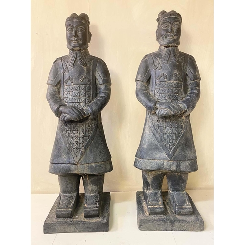 352 - TERRACOTTA WARRIOR STYLE FIGURES, a pair, cast resin, 120cm high, 34cm wide. (2)