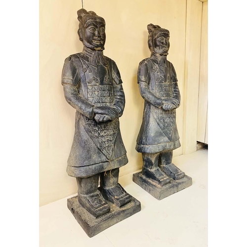 352 - TERRACOTTA WARRIOR STYLE FIGURES, a pair, cast resin, 120cm high, 34cm wide. (2)