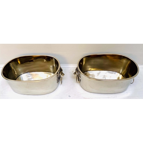 355 - CHAMPAGNE COOLERS, a pair, 16cm high, 45cm wide, 26cm deep, lion head ring handles, polish metal. (2... 