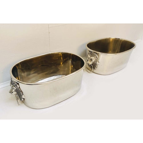 355 - CHAMPAGNE COOLERS, a pair, 16cm high, 45cm wide, 26cm deep, lion head ring handles, polish metal. (2... 