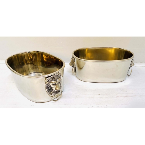 355 - CHAMPAGNE COOLERS, a pair, 16cm high, 45cm wide, 26cm deep, lion head ring handles, polish metal. (2... 