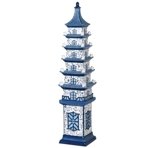 356 - DELFTWARE STYLE PAGODA TULIP VASE, 90cm high, 19cm wide, glazed ceramic.