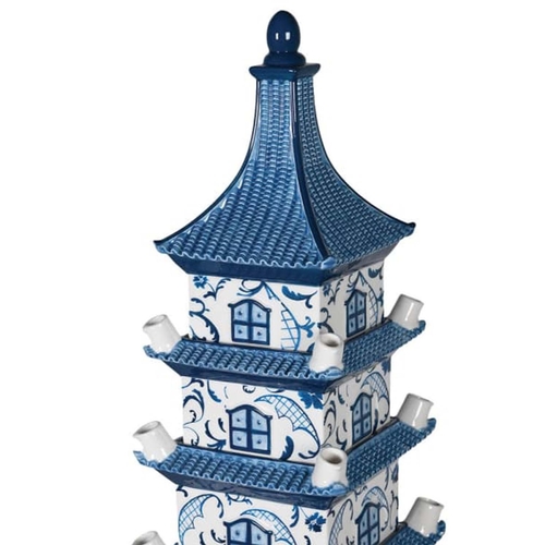 356 - DELFTWARE STYLE PAGODA TULIP VASE, 90cm high, 19cm wide, glazed ceramic.