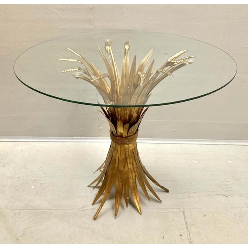 358 - MAISON JANSEN STYLE SIDE TABLE, 60cm high, 70cm diameter, wheat sheaf design, gilt metal, glass top.