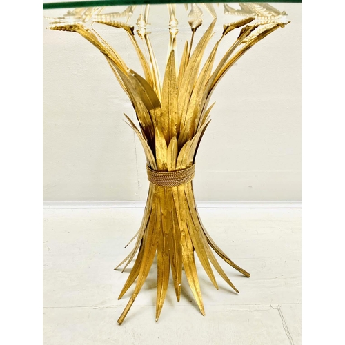 358 - MAISON JANSEN STYLE SIDE TABLE, 60cm high, 70cm diameter, wheat sheaf design, gilt metal, glass top.