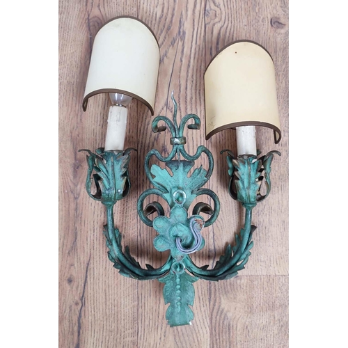 363 - WALL LIGHTS, 25cm wide, 34cm high, a pair, each two branch, toleware style, one with two shades. (2)