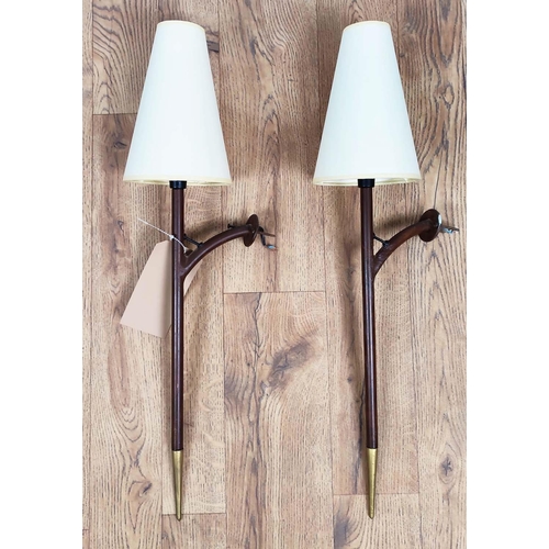 364 - WALL LIGHTS, a pair, 1960s Danish inspired, with shades, 66cm L each. (2)