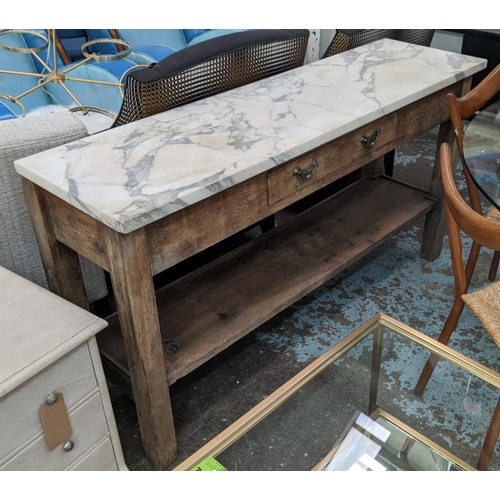 365 - CONSOLE TABLE, 160cm x 45cm x 87cm H, white marble top, with one drawer.