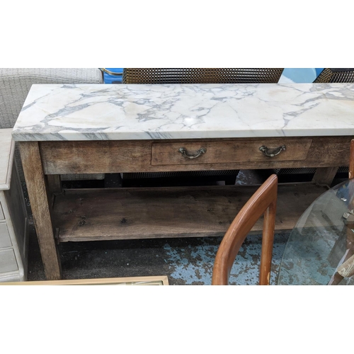 365 - CONSOLE TABLE, 160cm x 45cm x 87cm H, white marble top, with one drawer.