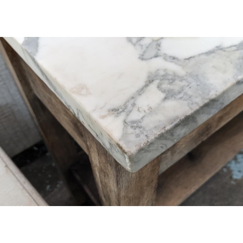 365 - CONSOLE TABLE, 160cm x 45cm x 87cm H, white marble top, with one drawer.