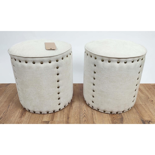 367 - STOOLS, a pair, cylindrical in neutral upholstery with stud detail, each 48c, H x 46cm D. (2)