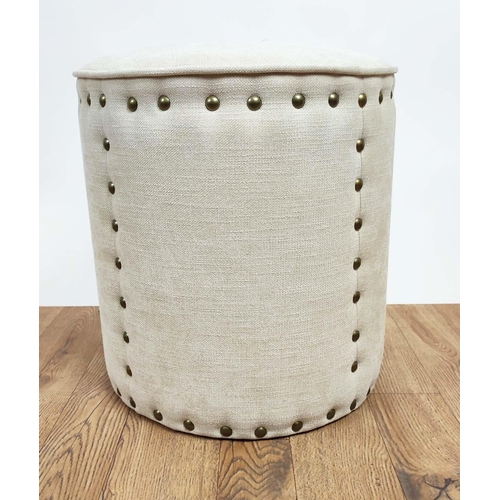 367 - STOOLS, a pair, cylindrical in neutral upholstery with stud detail, each 48c, H x 46cm D. (2)