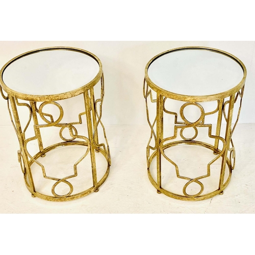 375 - SIDE TABLES, a pair, 49cm high, 36cm diameter, mirrored glass tops, gilt metal lattice frames. (2)