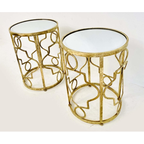 375 - SIDE TABLES, a pair, 49cm high, 36cm diameter, mirrored glass tops, gilt metal lattice frames. (2)