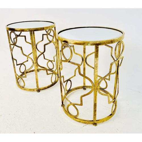 375 - SIDE TABLES, a pair, 49cm high, 36cm diameter, mirrored glass tops, gilt metal lattice frames. (2)