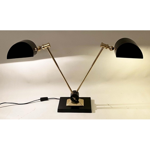 377 - DESK LAMP, two branch, black and gilt metal, adjustable, 51cm H x 65cm W x 17cm D.