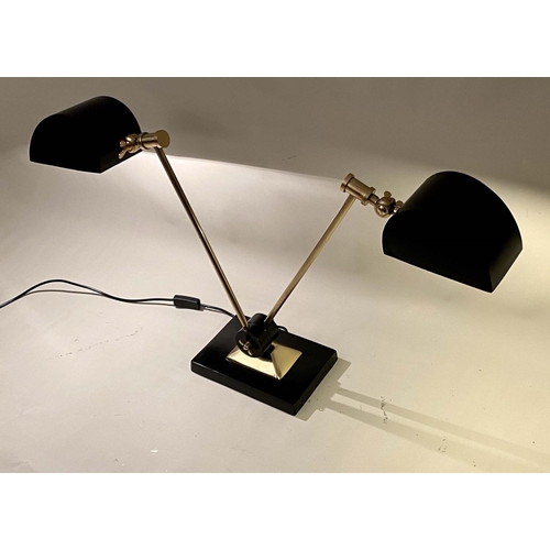 377 - DESK LAMP, two branch, black and gilt metal, adjustable, 51cm H x 65cm W x 17cm D.