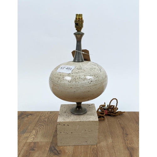 381 - LAMP BASE, travertine, probably 1970s, 49cm tall overall, including fitting.