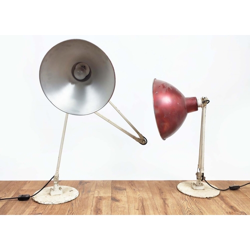 382 - INDUSTRIAL STYLE LAMPS, a pair, mid 20th century metal with red shades, adjustable, shades each 34cm... 