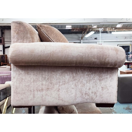 384 - SOFA , sand coloured fabric upholstery, gilt metal studded detail, 235cm W approx.