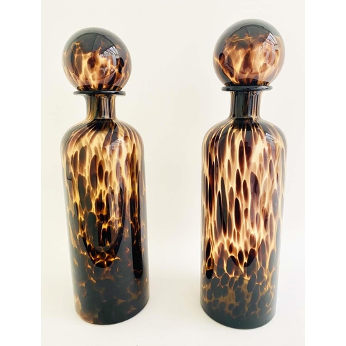 402 - DECANTERS, a pair, 40cm high, 10cm diameter, Murano style tortoiseshell glass. (2)