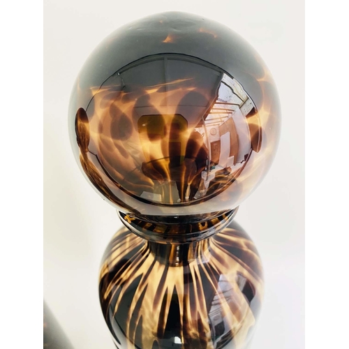 402 - DECANTERS, a pair, 40cm high, 10cm diameter, Murano style tortoiseshell glass. (2)